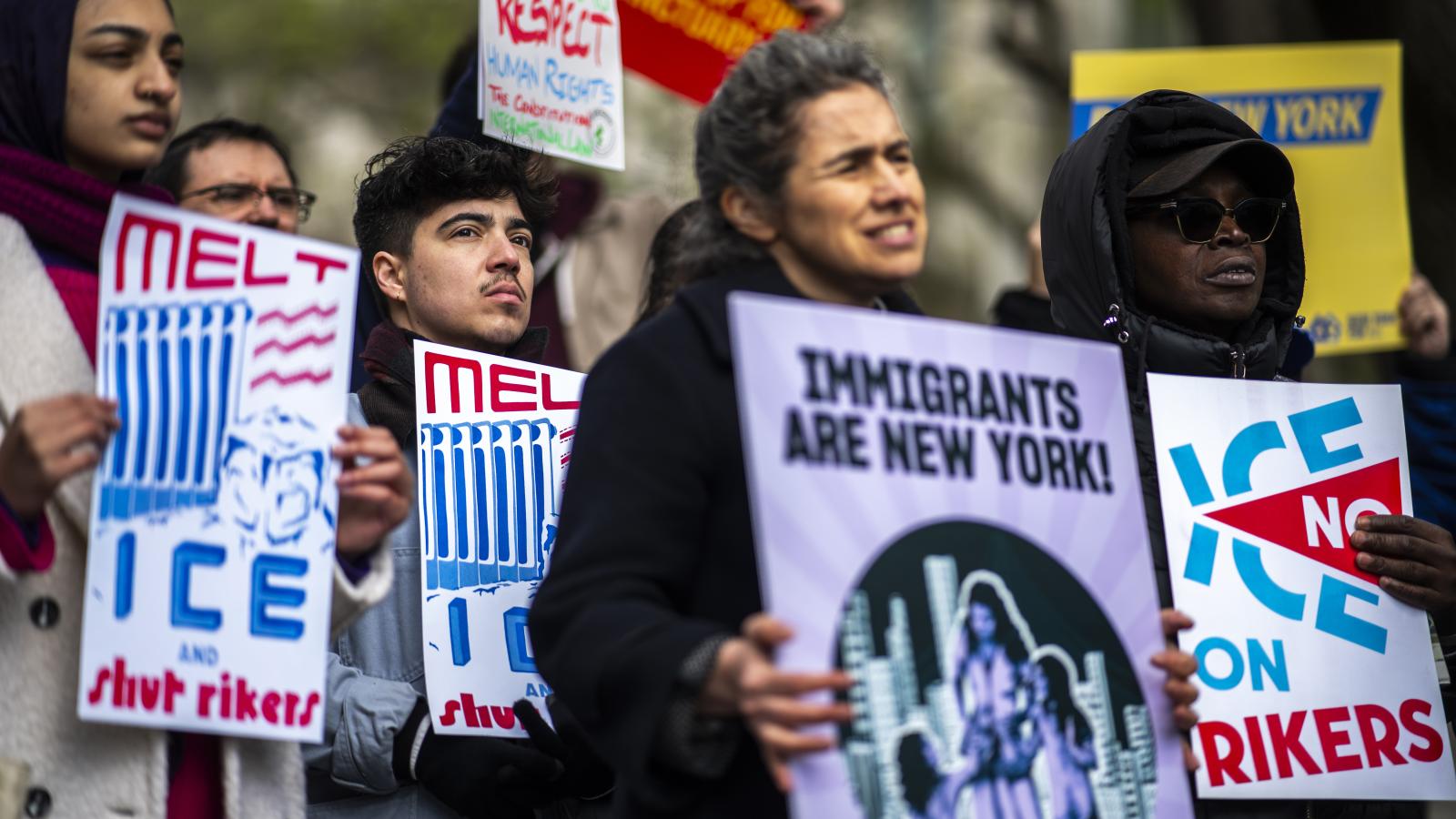People attend a protest against the opening of an ICE office at Rikers prison island on April 10, 2025 in New York City. Mayor Adams' administration issued an executive order allowing federal immigration agents ICE to operate on Rikers Island again whom left the prison since 2014 due to sanctuary laws.