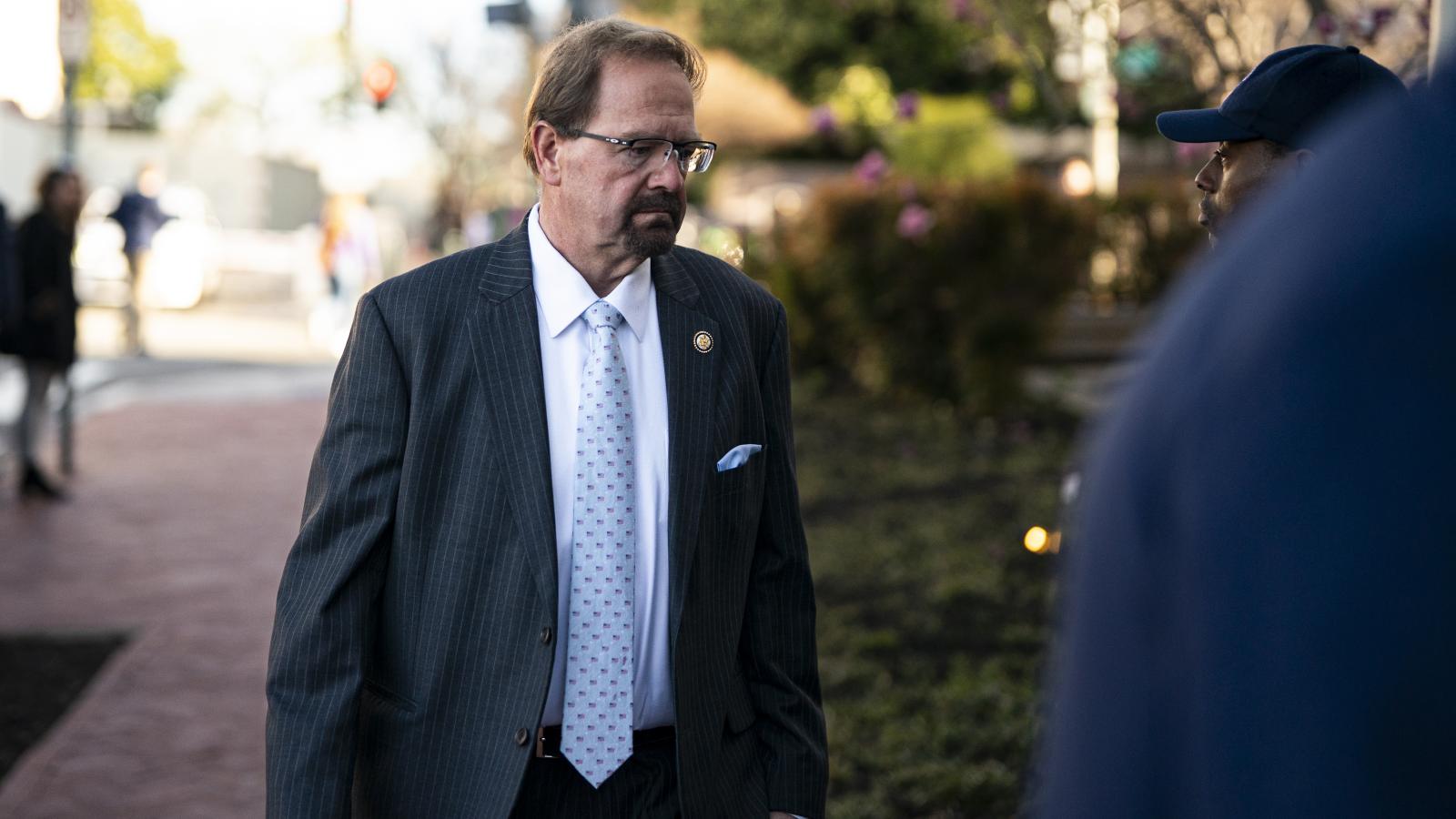 Rep. Chuck Edwards (R-NC) arrives at the Capitol Hill Club for a meeting of the House Republican Conference on March 25, 2025 in Washington, DC.
