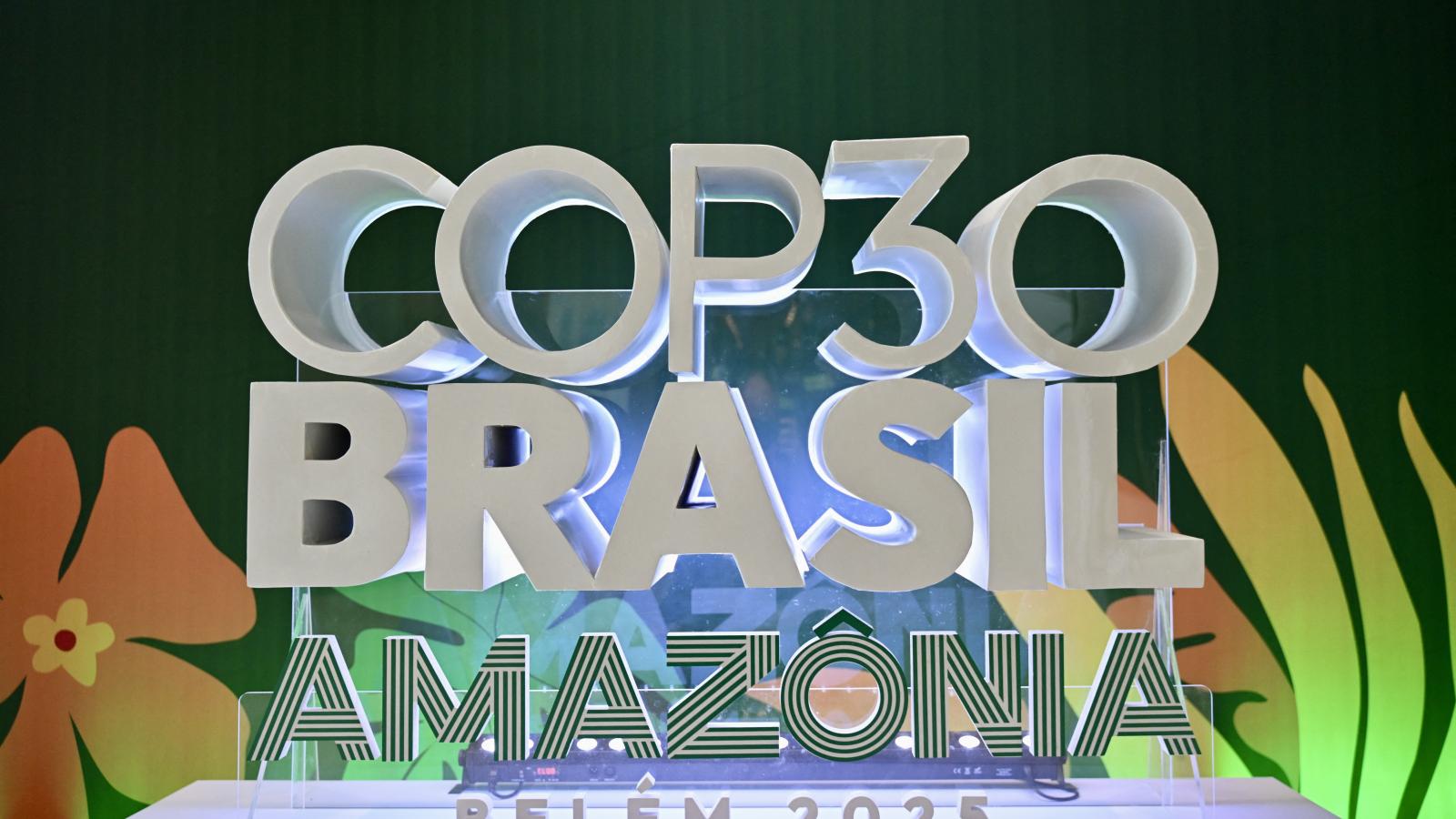 This image shows the COP30 logotype, displayed at the pre-COP30 preparatory meeting which brings bringing together ministers responsible for climate negotiations, in Brasília, Brasil, on Octubre 13, 2025. 