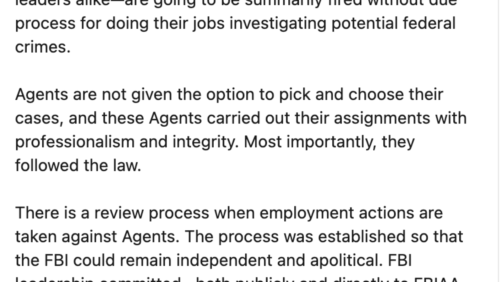 The FBI Agents association said in a LinkedIn post it would look into legal options against the FBI for firing agents.