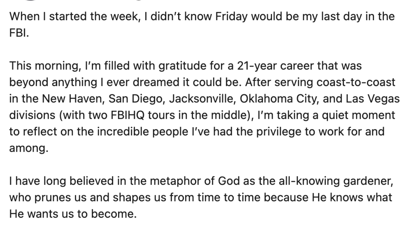 Fired FBI agent posts about his future.