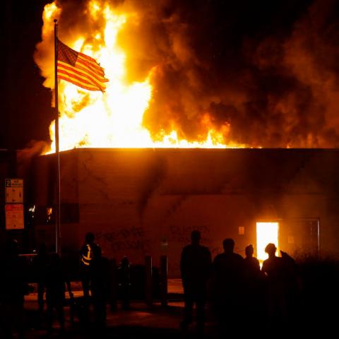 A burning building in Kenosha, Wisconsin, Aug. 24