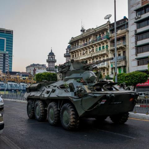 Military vehicle in Yangon, Myanmar on February 14, 2021