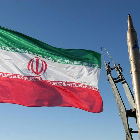 Iranian flag next to a missile in 2008