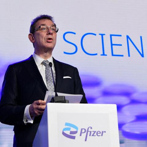 Pfizer CEO Albert Bourla talks during a press conference with European Commission President after a visit to oversee the production of the Pfizer-BioNtech Covid-19 vaccine at the factory of US pharmaceutical company Pfizer, in Puurs, on April 23, 2021.