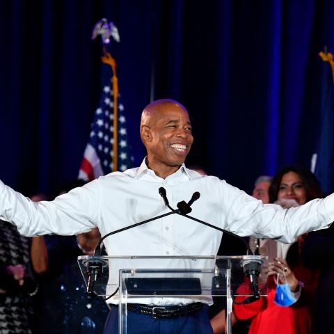 New York City Democratic Mayor-elect Eric Adams gestures to supporters during his 2021 election victory night party at the Brooklyn Marriott on November 2, 2021 in New York City.